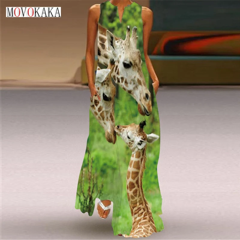 MOVOKAKA/ Женское весенне-летнее Длинное платье Зеленого цвета Без рукавов с V-образным вырезом и принтом жирафа, Элегантные платья для вечеринок, повседневное пляжное женское платье