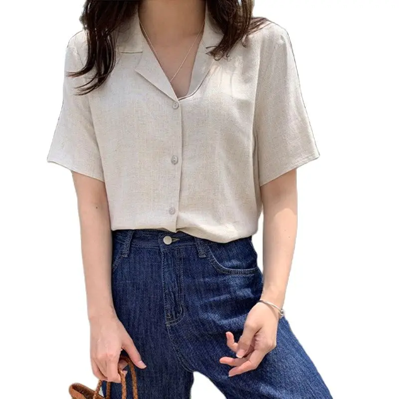 Корейская модная офисная женская блузка из хлопка и льна, однотонная летняя Модная женская блузка с короткими рукавами