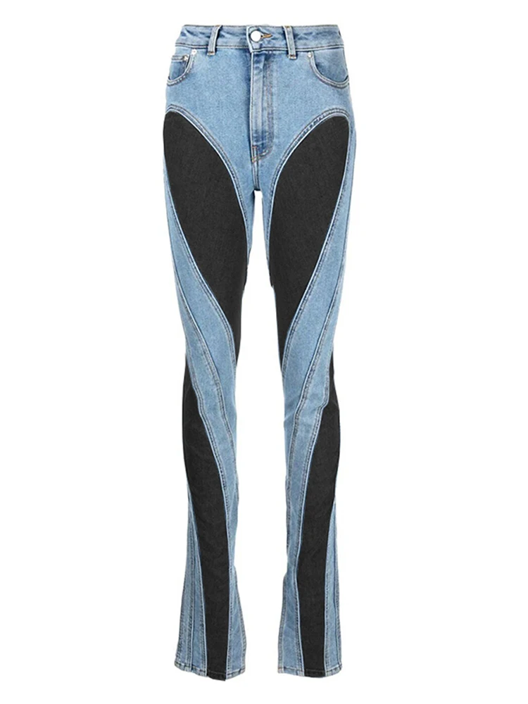 Модные Женские джинсы, Синие Облегающие Джинсовые брюки с разрезом и высокой талией в стиле пэчворк, Женская Уличная одежда, кружевные брюки-футляр